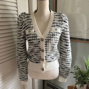 EXPRESS Womens Black & White Space Dye Puff Sleeve V-Neck Cardigan Button Up | S